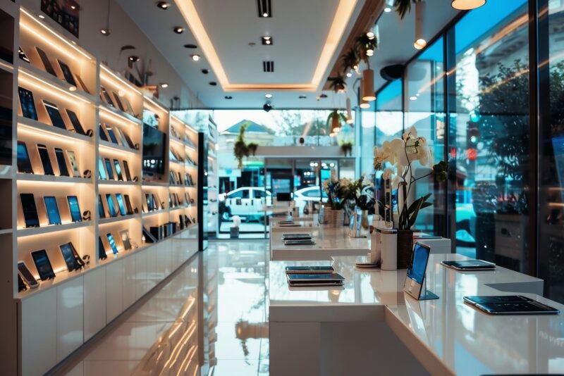 A modern smartphone shop with many different new phones.